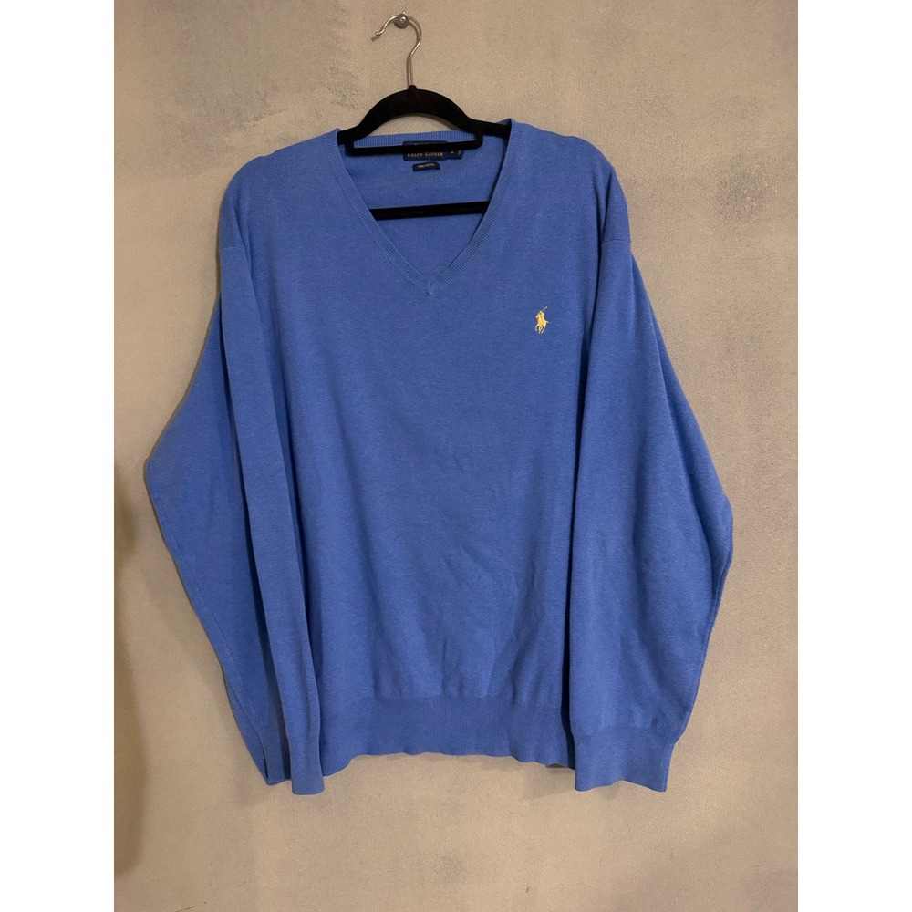 Polo Ralph Lauren Pima Cotton V-Neck Sweater Blue Yellow Pony Mens 3XB Big